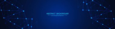 Soyut çokgen arkaplan ve noktaları ve satırları birleştiren web sitesi başlığı veya afiş tasarımı. Genel ağ bağlantısı. Metnin için pleksus arkaplanı ve alanı olan dijital teknoloji