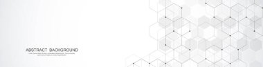 Banner tasarım şablonu. Geometrik şekilli ve altıgen desenli soyut bir arkaplan. Tıp, teknoloji veya bilim tasarımı için vektör illüstrasyonu