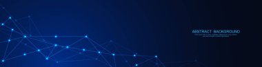 Soyut çokgen arkaplan ve noktaları ve satırları birleştiren web sitesi başlığı veya afiş tasarımı. Genel ağ bağlantısı. Metnin için pleksus arkaplanı ve alanı olan dijital teknoloji