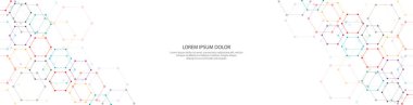 Banner design template or website header. Abstract background with geometric shapes and hexagon pattern. Vector illustration