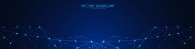 Soyut çokgen arkaplan ve noktaları ve satırları birleştiren web sitesi başlığı veya afiş tasarımı. Genel ağ bağlantısı. Metnin için pleksus arkaplanı ve alanı olan dijital teknoloji.