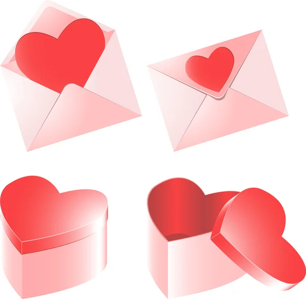 Kuvert och låda med rött hjärta för alla hjärtans dag på vit bakgrund — Stock vektor