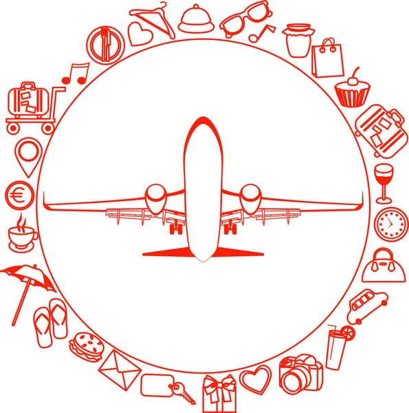 Vector red silhouette of a plane. Elements of travel. Trip icons — Stock Vector