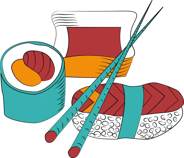 Rouleau de sushi avec baguettes isolées sur fond blanc — Image vectorielle