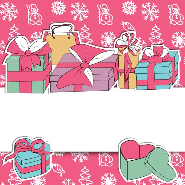 Tarjeta de felicitación con cajas de regalo — Vector de stock