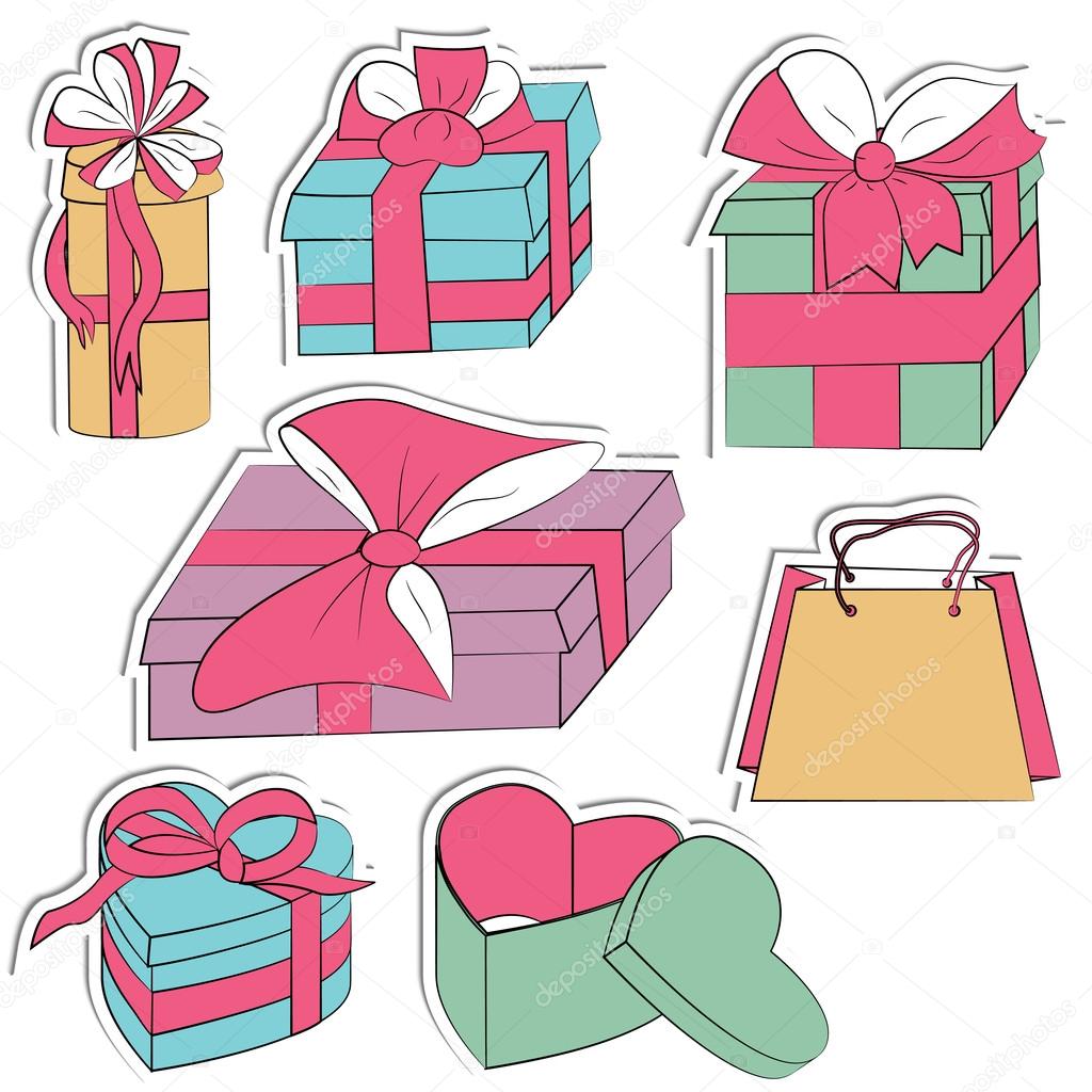 Gift boxes stickers set isolated on white background