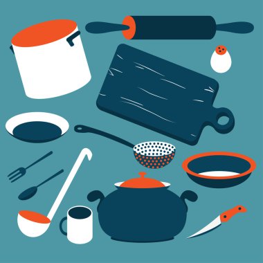 Beyaz arka plan üzerinde izole mutfak araçları kümesi vektör