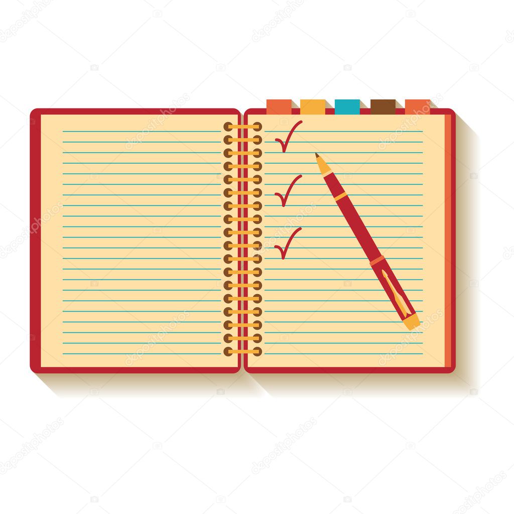 Notebook and pen. Flat design.
