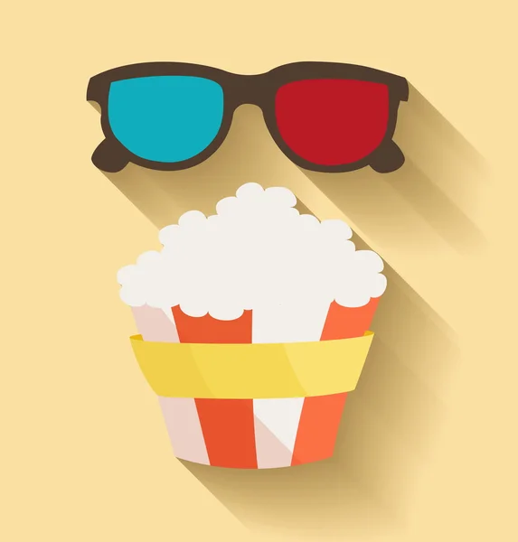 Design piatto. Illustrazione vettoriale del cinema 3D e dei popcorn — Vettoriale Stock