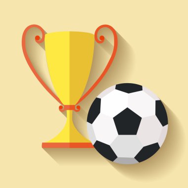 Futbol topu ve altın kazanan Kupası düz tasarım
