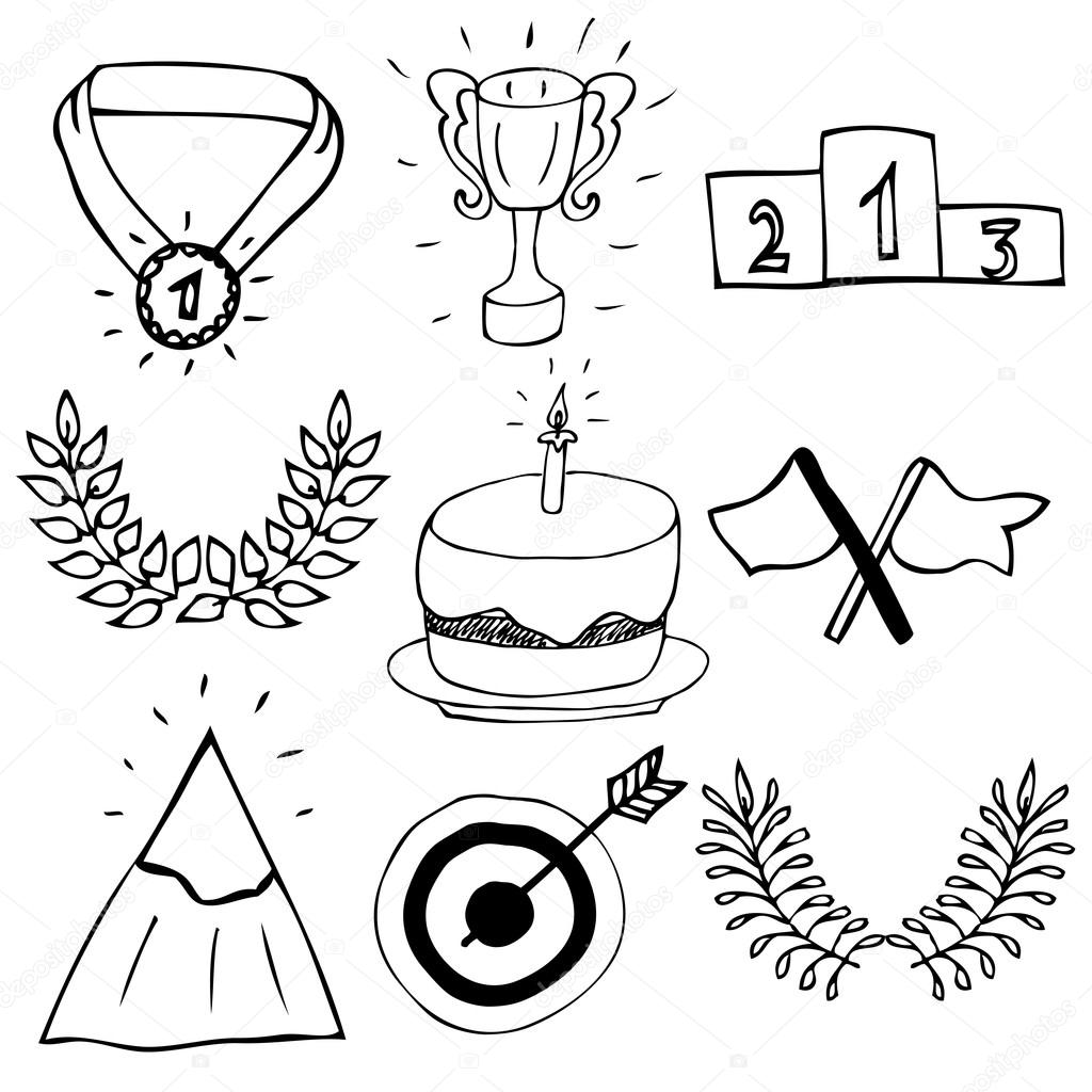 Hand drawn trophy and awards icons set