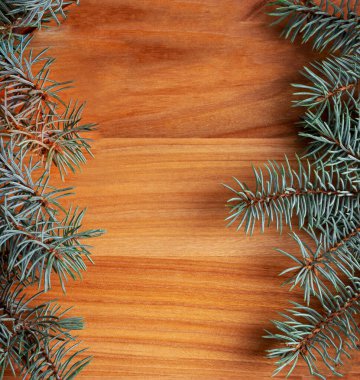 Noel kompozisyonu. Noel çerçevesi ahşap zemin üzerinde kış ladin dallarından yapılmıştır. Üst görünüm, alanı kopyala. 