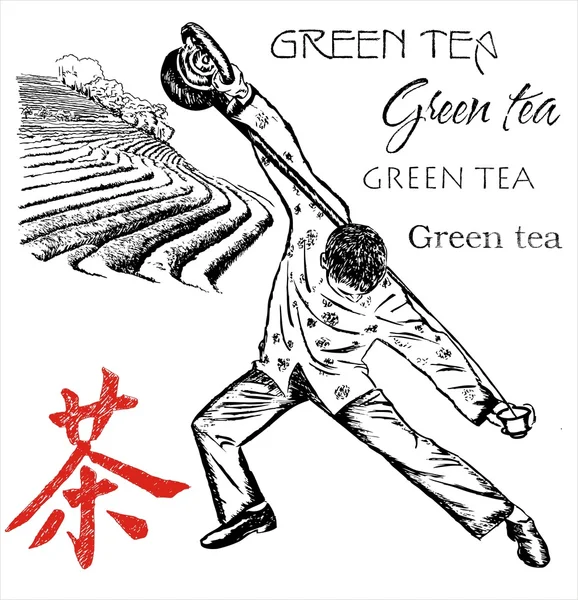 Çay tarlaları ve cazibe çay adamı — Stok Vektör