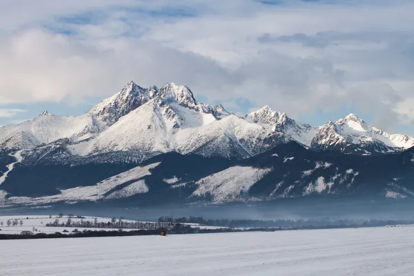 Dağ doruklarına ve kar kış zamanında yüksek tatras görünümü — Stok fotoğraf