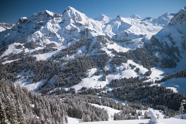 Hermosa vista a los Alpes suizos de invierno, Berner Oberland, Adelboden —  Fotos de Stock
