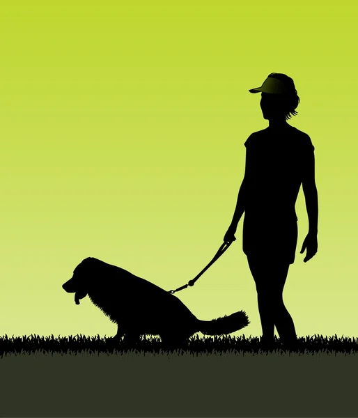 Ilustración - Silueta - Mujer paseando perro — Vector de stock