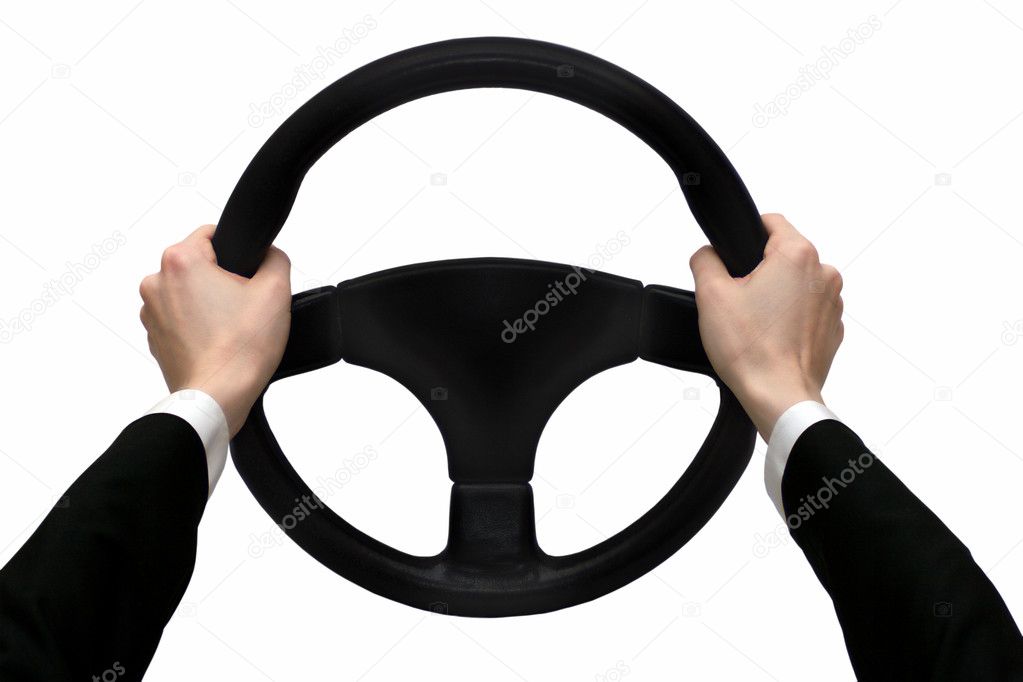 Hands on the steering wheel isolated on a white background
