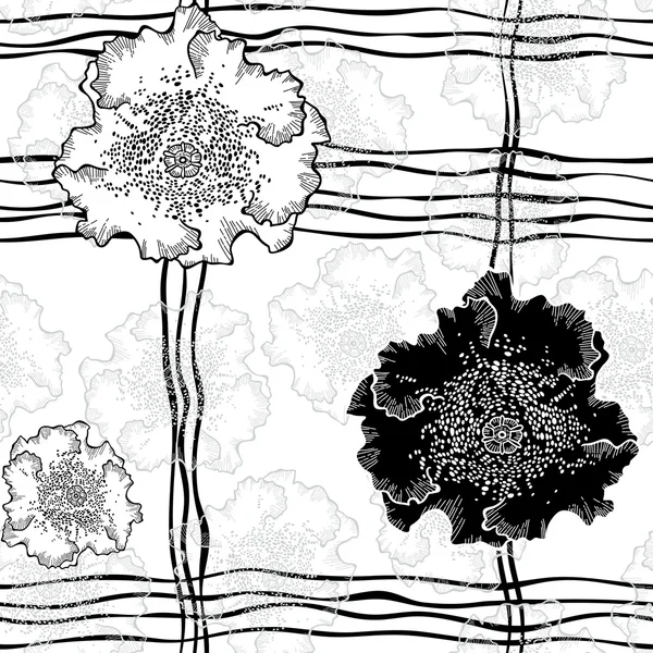 Decorativo modello bianco e nero senza cuciture con fiori . — Vettoriale Stock
