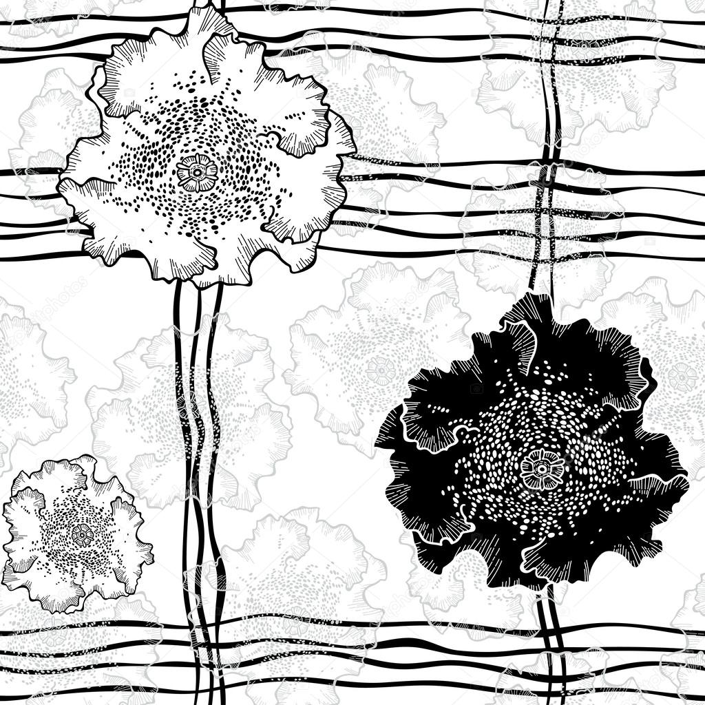 Decorative seamless black and white pattern with flowers.