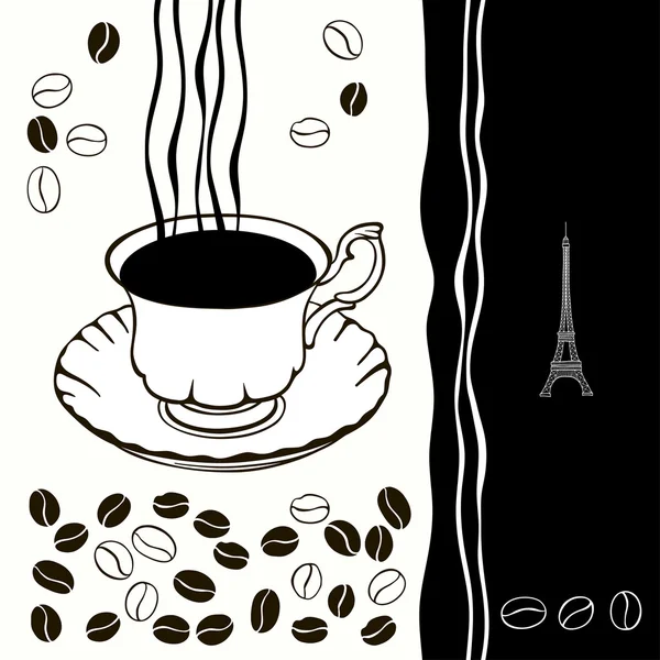Cup of hot coffee with coffee beans.Black-and-white background. — Stock Vector