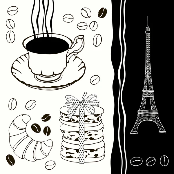 French breakfast. Monochrome illustration. — Stock Vector