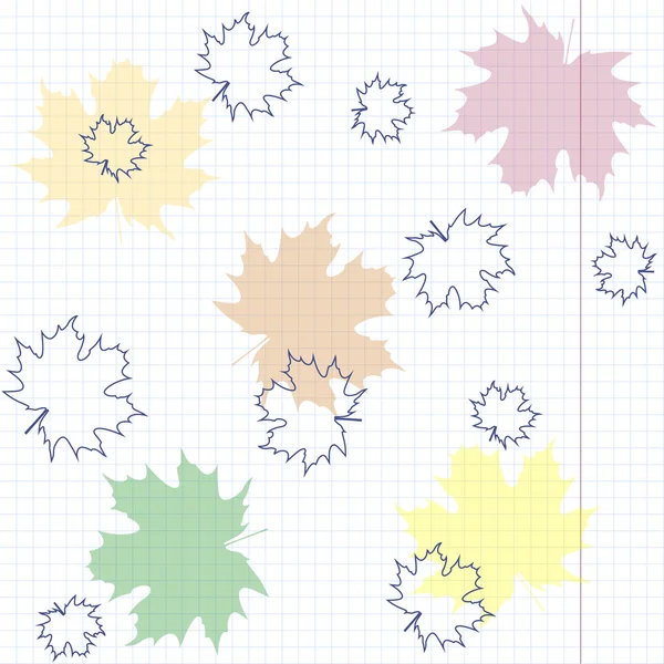 Folhas de bordo multicoloridas em uma folha de caderno de exercícios . — Vetor de Stock