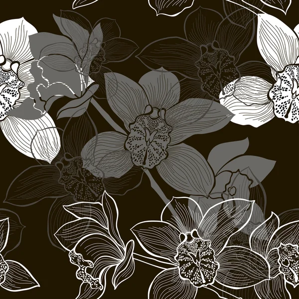 Monochrome fond sans couture avec des orchidées — Image vectorielle