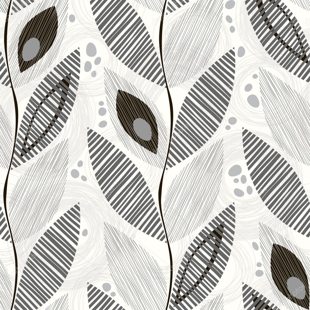 Monochrome seamless pattern of abstract leaves.