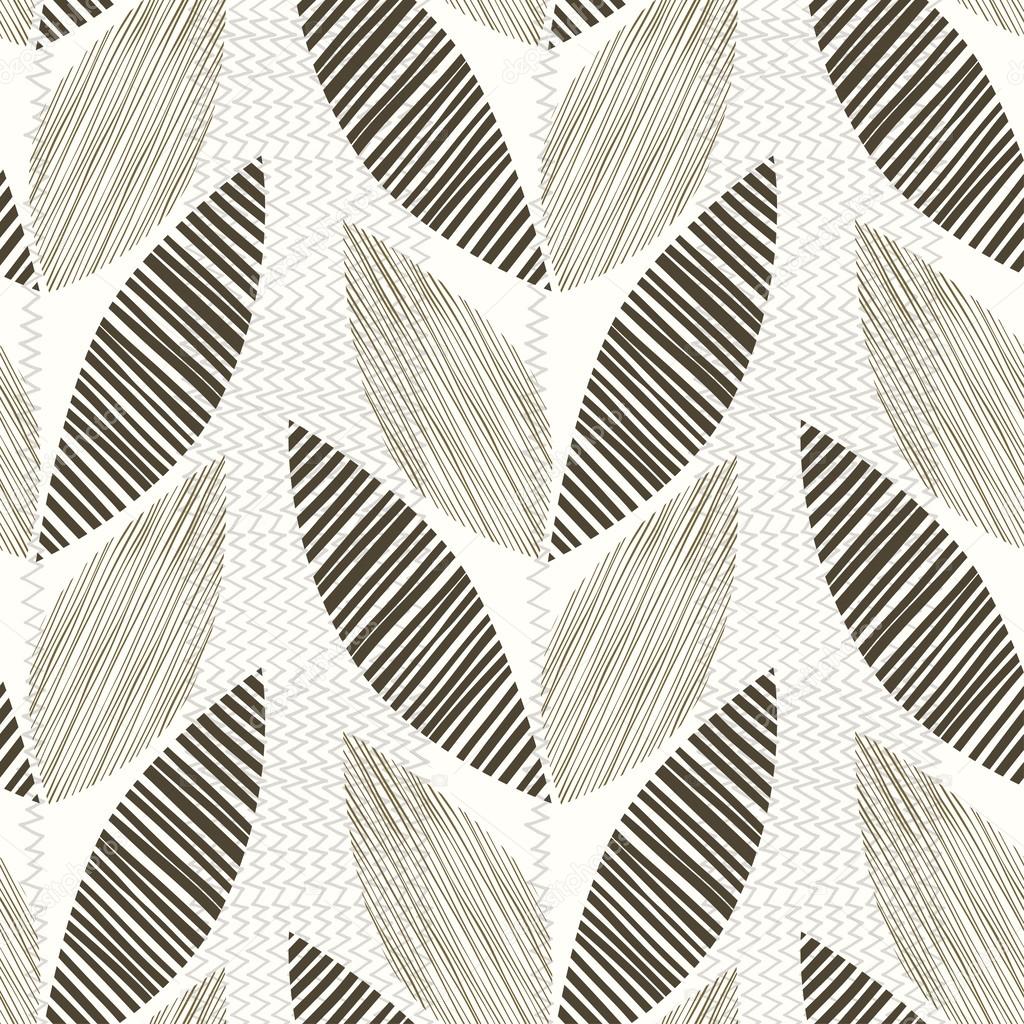 Monochrome seamless pattern of abstract leaves.