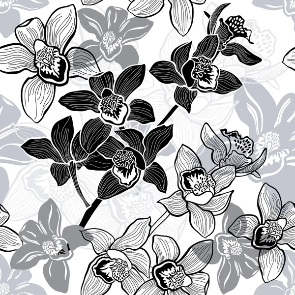Monochrome seamless background with hand drawn orchids. — Stock Vector