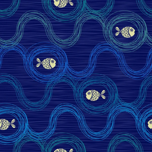 Векторный бесшовный фон из мультфильма смешные рыбы и волны  . — стоковый вектор