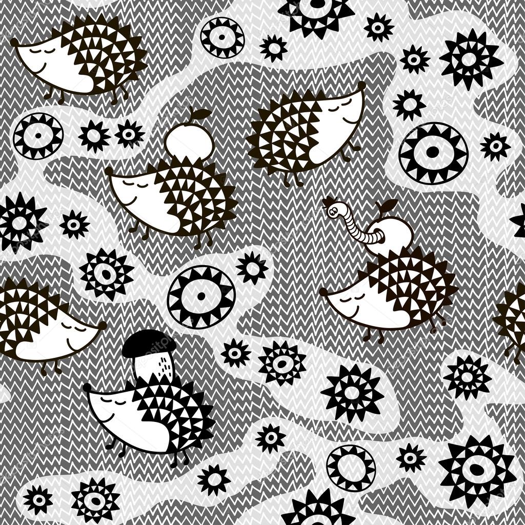 Monochrome seamless pattern with cartoon hedgehogs.Kids vector b