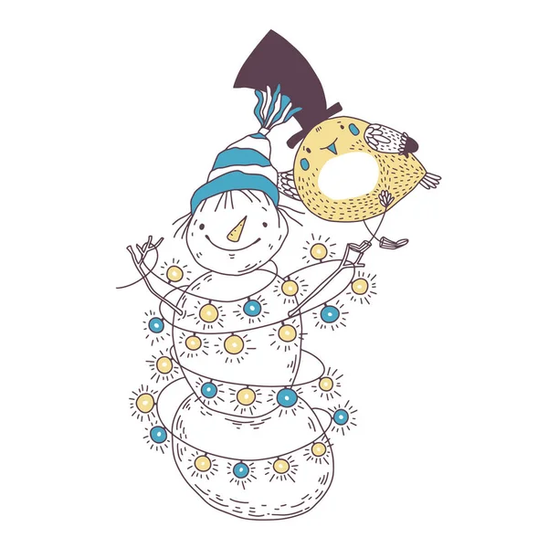 Cartoon Snowman Schattige Vogel Kerst Illustratie Vectorkarakters Perfect Voor Uitnodigingen — Stockvector