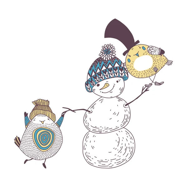 Rekreační Vektorová Ilustrace Kresleným Sněhulákem Rozkošnými Ptáky Bílém Ideální Pro — Stockový vektor