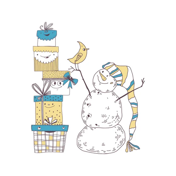 Muñeco Nieve Dibujos Animados Con Birdie Cajas Regalo Ilustración Navidad — Vector de stock