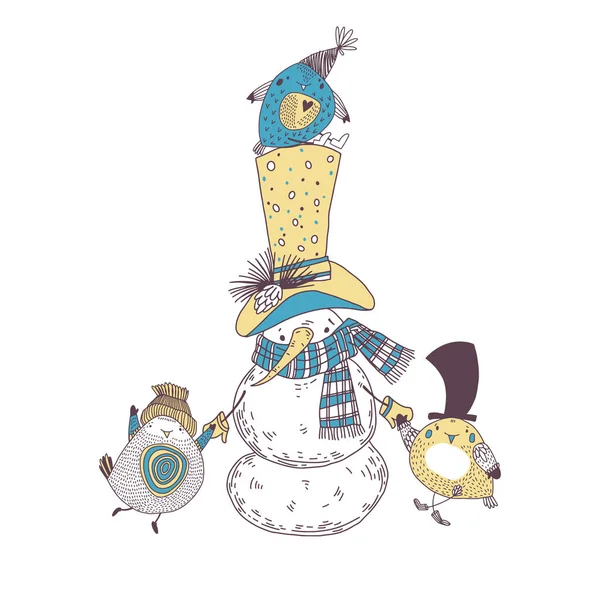 Cartoon Snowman Schattige Vogels Kerst Illustratie Vectorkarakters Perfect Voor Uitnodigingen — Stockvector