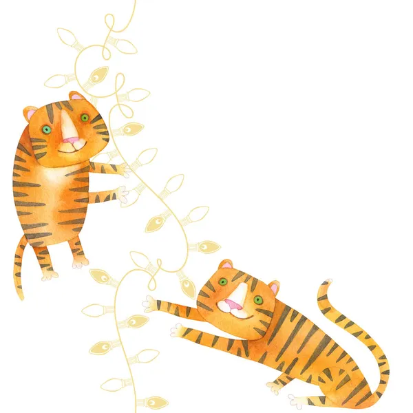 Adorables Tigres Fondo Animal Dibujos Animados Acuarela Año Nuevo Navidad — Foto de Stock