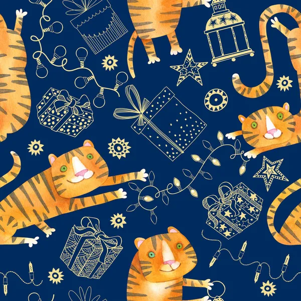 Entzückende Aquarell Tiger Und Festliche Elemente Zeichentrick Animal Hintergrund Illustration — Stockfoto