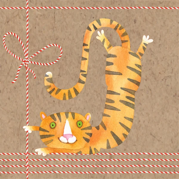 Adorable Tigre Composición Dibujos Animados Sobre Papel Kraft Acuarela Año — Foto de Stock