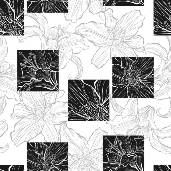 Kwiaty Lily Kwiaty Abstrakcyjne Tło Ilustracja Wektora Czerń Biel — Wektor stockowy