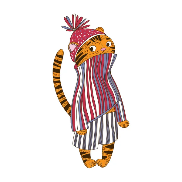 Adorable Tigre Copos Nieve Personaje Dibujos Animados Vector Año Nuevo — Vector de stock