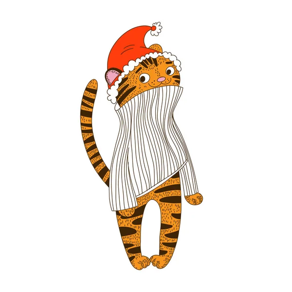 Liebenswerter Tiger Mit Nikolausmütze Pullover Zeichentrickfigur Vektor Illustration Neujahr Und — Stockvektor