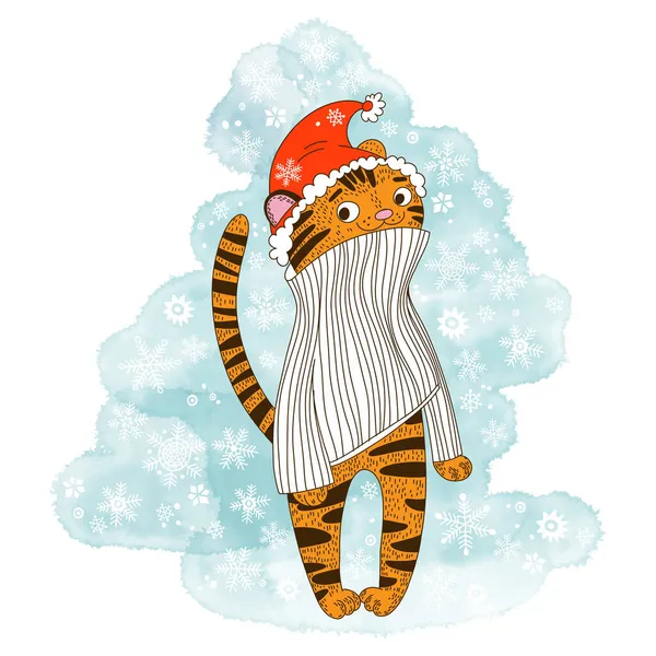 Entzückender Tiger Weihnachtsmann Auf Blauem Aquarell Hintergrund Zeichentrickfigur Vektor Illustration — Stockvektor