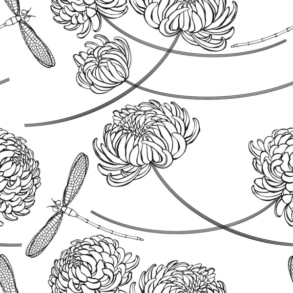Natuur Achtergrond Met Chrysanten Bloemen Libellen Handgetekende Vectorillustratie — Stockvector