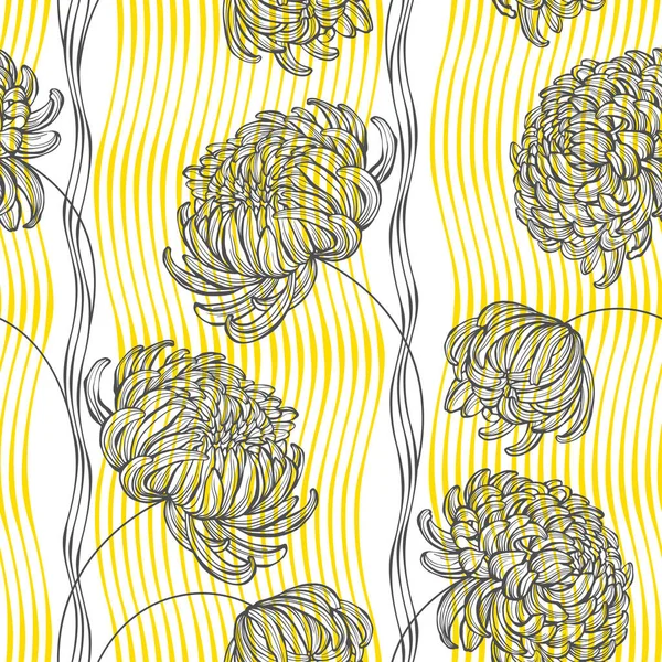 Blommig Bakgrund Med Krysantemum Blommor Och Gula Ränder Handritad Vektorillustration — Stock vektor