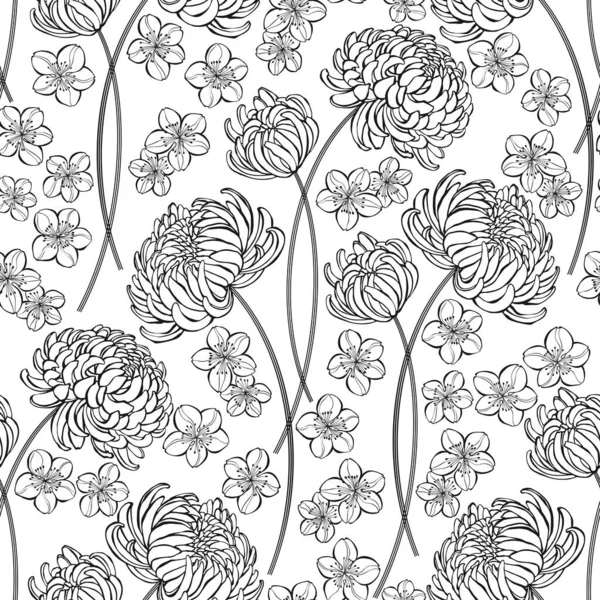 Natur Bakgrund Med Krysantemum Blommor Och Sakura Handritad Vektorillustration Svart — Stock vektor