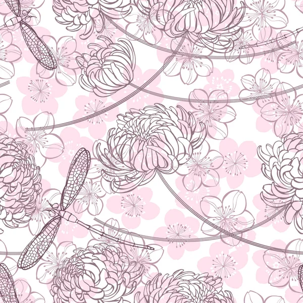 Natureza Fundo Com Flores Crisântemo Sakura Libélulas Ilustração Vetorial Desenhada — Vetor de Stock