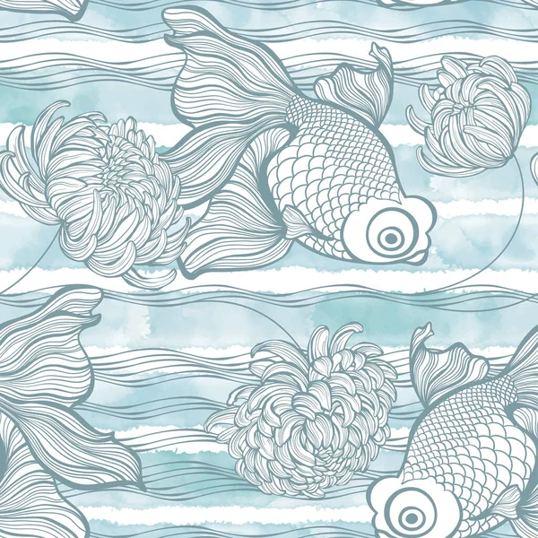 Naturhintergrund Mit Chrysanthemenblüten Fischen Und Blauen Aquarellstreifen Handgezeichnete Vektorillustration — Stockvektor