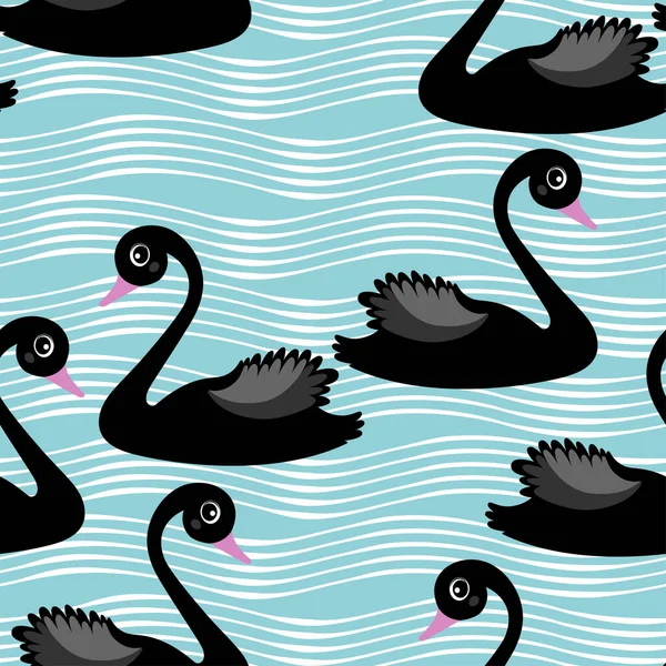 Черные Лебеди Плавают Воде Мультипликационный Вектор — стоковый вектор