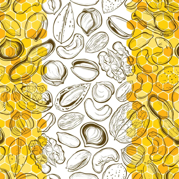 Endless Vector Background Nuts Honey Outline Hand Drawn Illustration — ストックベクタ